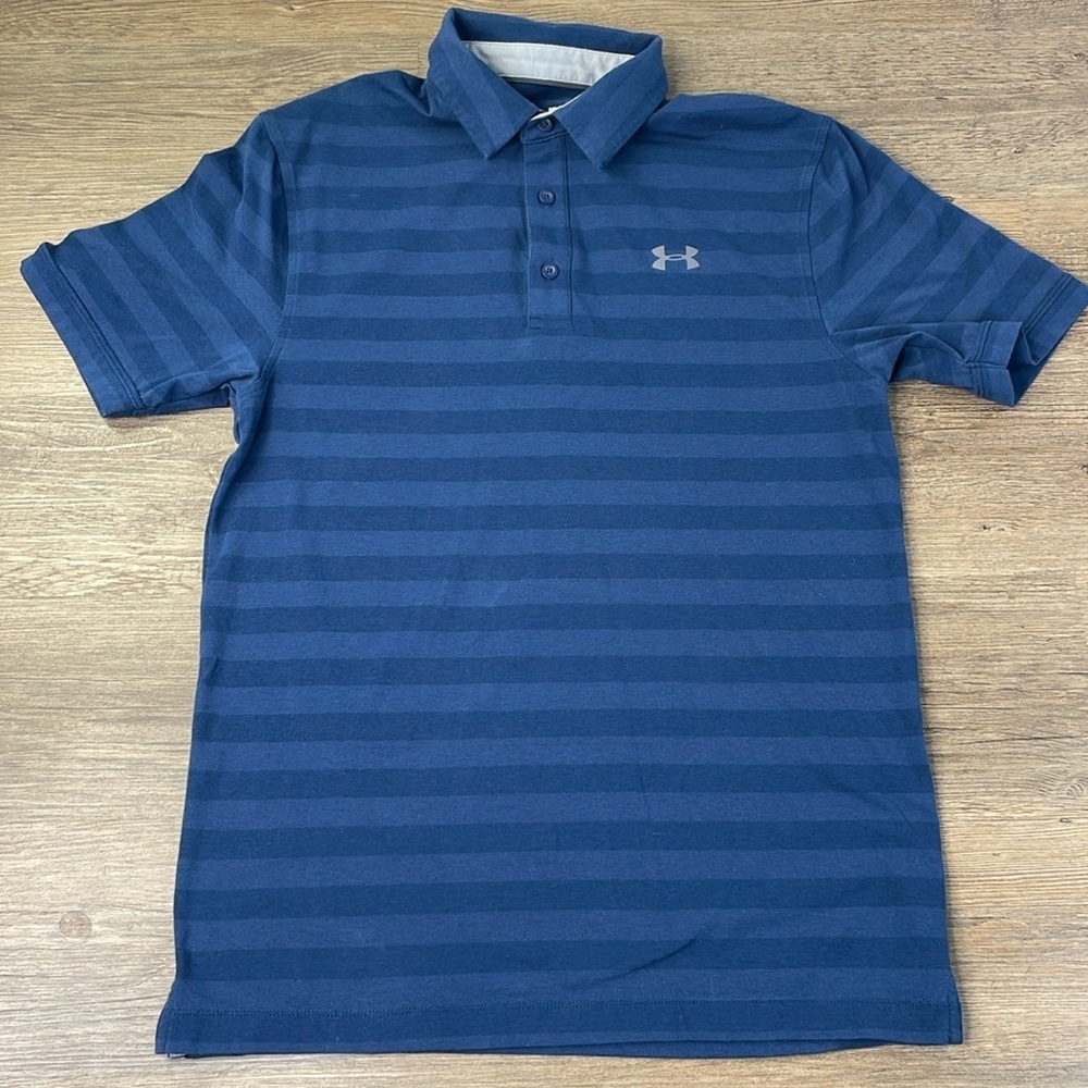 Under Armour Mens HeatGear Navy Blue Striped Short Sleeve Polo Tee, size small
